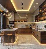 A luxurious modern kitchen with marble, wood, ambient lighting, and sleek cabinetry.