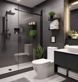 Elegant modern bathroom with dark tones, glass shower, and minimalist decor.