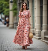 A woman wearing a spring dress and sandals