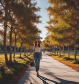 A stylish woman is walking outdoors in a sunny setting with palm trees and white buildings in the background. She is wearing a brown coat, headscarf, and beret, combined with a white top, jeans, and black boots.