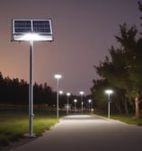 A silhouette of a tall street light with solar panels stands against a gradient sky transitioning from purple to pink. Electrical wires extend from the pole on the left side.