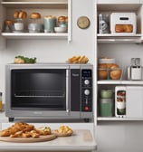A kitchen countertop featuring a classic green kettle and toaster set. The countertop is made of a smooth, reflective surface. The kettle has a brown handle and a polished metal spout, while the toaster has round buttons and a dial. The background consists of white tiled walls and a few additional kitchen appliances partially visible.