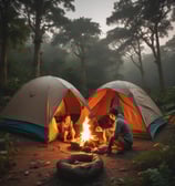 A campsite featuring several parked recreational vehicles and tents set up beneath tall trees. A gazebo with pillars stands in a grassy area, and there are picnic tables visible. The scene evokes a peaceful, natural setting for outdoor activities.