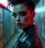 a woman with a black hair and a black leather jacket
