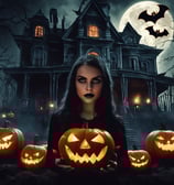 a woman in a black dress holding pumpkins