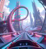 a car driving through a futuristic city