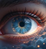 a close up of a person's eye looking at the sky