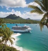 A large cruise ship with multiple decks and balconies is seen under a clear blue sky. The ship features a prominent red funnel with a cartoon character logo. Palm leaves are visible in the foreground, adding to the tropical feel of the scene.