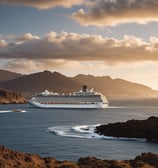 A large cruise ship with a prominent blue and white logo on its bow is docked in a serene harbor. The background features a clear blue sky with fluffy clouds and lush green hills. Several smaller boats are moored in the distance on the calm blue water.