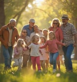 uma família de quatro crianças e seus pais em um parque
