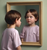 a five year old asian child looks at self in mirrror