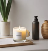An artisanal soap bar with 'Savons Arthur' engraved on it sits on a wooden soap dish. Next to it is a bottle of liquid soap labeled 'Savons Arthur Bio Lavande.' Both items rest on a wooden tray with a white cloth. A glass bottle with dried lavender adds a rustic touch to the composition.
