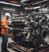A busy automotive workshop with multiple cars being serviced. One car is elevated on a lift, and a mechanic is working nearby. Several signs and banners with automotive-related text hang on the walls. The environment is industrial, with metal roofing and visible beams.