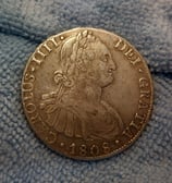 Moneda : 8 Reales Año : 1808 Ceca : Potosí Material : AR Peso: 26.86 P.V.P: 175€