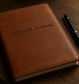 Braunes Erfolgsjournal aus Leder mit Goldprägung und schwarzem Kugelschreiber auf dunklem Holz – Sym
