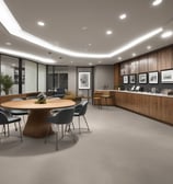 An architectural interior view with multiple layers of curved balconies surrounding a central open space. Above, a skylight ceiling showcases chandeliers, adding a touch of elegance. The design features a mix of white, gold, and dark hues, creating a modern and sophisticated atmosphere.