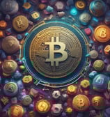 A stylized image features a pastel-colored wallet surrounded by symbols of digital currency, such as Bitcoin and Tezos icons. There are also illustrative graphics resembling mountains and a play button. The background is a solid lavender color, complementing the soft tones of the design.