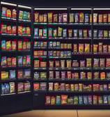 A vending machine stands on the right side of the image, next to a recycling bin. It's situated against the backdrop of a building with a grid-pattern facade. Most of the image is in shadow, giving a stark contrast between the lit vending machine and the dark foreground.