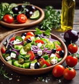 a bowl of salad with tomatoes, olives and cheese