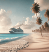 Illustration of palm trees on a white sand beach, with gentle surf and a cruise ship in the distance
