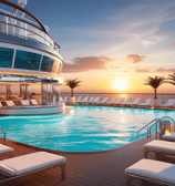 Loungers around a pool area on a luxury cruise ship with the sun setting in the background