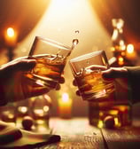 Two glasses of whisky tapping together in a toast
