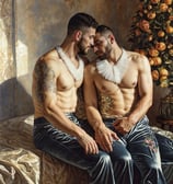 a man and a man sitting on a bed