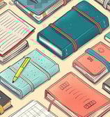 a bunch of cartoon books and notebooks with a pen and pencil