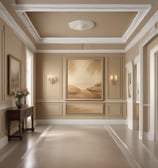 A person wearing an orange cap and white shirt is painting an urban scene on a canvas set on an easel in an outdoor setting. The painting depicts houses with red roofs, and the scene suggests a rustic or historical area. A red car is partially visible in the background, parked near a stone wall.