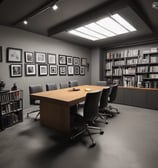 A modern podcast studio with professional microphone setups on a table surrounded by green and black office chairs. The room has acoustic foam on the walls for soundproofing and large square ceiling lights. The walls are predominantly adorned with decorative panels and some branding elements.