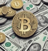 The word 'BLACKROCK' is displayed in bold, metallic 3D letters with a reflective effect, set against a light green background. The letter 'B' is stylized to resemble the Bitcoin symbol.