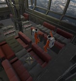 Deux astronautes en combinaison orange interagissent dans l'intérieur d'un vaisseau spatial futurist