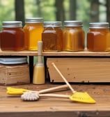 A close-up of a wooden beekeeping frame filled with honeycomb, being held by a person. There are numerous bees on the honeycomb, working and moving around.