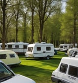 A row of old, weathered caravans are parked closely together on a concrete path. They each show signs of age and wear, with peeling paint and rust spots. Small potted plants and bare trees in containers are placed intermittently in front of the caravans. The surrounding area includes a patchy grass lawn on the right and a background filled with lush green palm trees. A small, plain wooden building with a corrugated metal roof is visible at the end of the line of caravans.