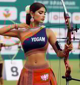 a woman in a blue top and a woman in a red skirt and a red