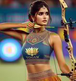 a woman in a blue top and a bow