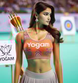 a woman in a yoga outfit with a bow and arrows