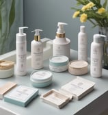 A coordinated set of cosmetic product branding materials includes a pump bottle, a rectangular box, business cards, and a leaflet. The design features elegant floral patterns in gold over grey and beige backgrounds, with the word 'Cosmetic' prominently displayed in a mix of white and copper colors.