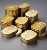 A collection of gold-colored metallic tins arranged closely together, some displaying labels that read '28 Days Program' and ''. The tins have a shiny surface, highlighting their clean and polished appearance.