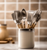 Classic and artistic placement of kitchen tools in a water flask by art of kitchen