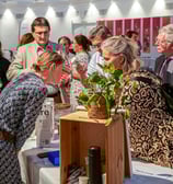 Deux femmes qui discutent devant un stand fleuri avec de belles plantes