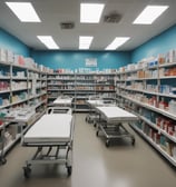 A retail clothing store interior with rows of neatly arranged shirts hanging on racks. Shelves above hold stacks of shoe boxes, and a variety of shoes are displayed on the right side. The store is well-lit with ceiling spotlights and has a clean, organized appearance.