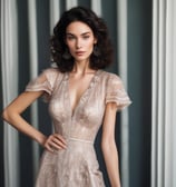 A woman in an elegant, ornate dress stands with a graceful pose. The dress features intricate patterns with red accents and a flowing, layered skirt. She has flowers in her hair and leans against a ledge, surrounded by a soft, blurred background that suggests a classical or romantic setting.