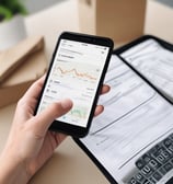 A person is using a laptop, navigating through the Uber Eats food delivery website. The screen displays various food items available for delivery in Montreal, QC, including options like McDonald's and Thai Express. The person appears to be browsing with their hand near the trackpad.