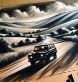 a drawing of a car driving down a road in charcoal style