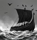 a viking boat in a rough ocean in b&w style