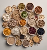 An extreme close-up view of chickpeas, showcasing their textured surfaces with a clear focus on one central brown chickpea among several lighter-colored ones in the background.