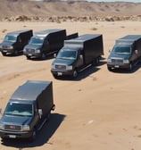 An aerial view of a large parking area with numerous trucks and trailers parked in an orderly fashion. The area is divided into sections, with various white and colored trucks lined up in a few rows. A few people are walking near the trucks, and some smaller vehicles and equipment are also visible. The background includes a field with green crops.