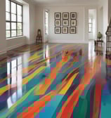 A concrete floor with various stains and scuff marks, showing a worn and used appearance. The surface has multiple shades of gray with darker spots scattered throughout.