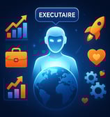 Promotional visual of AI Executaire, the multilingual AI business strategist offering automation and marketing solutions.